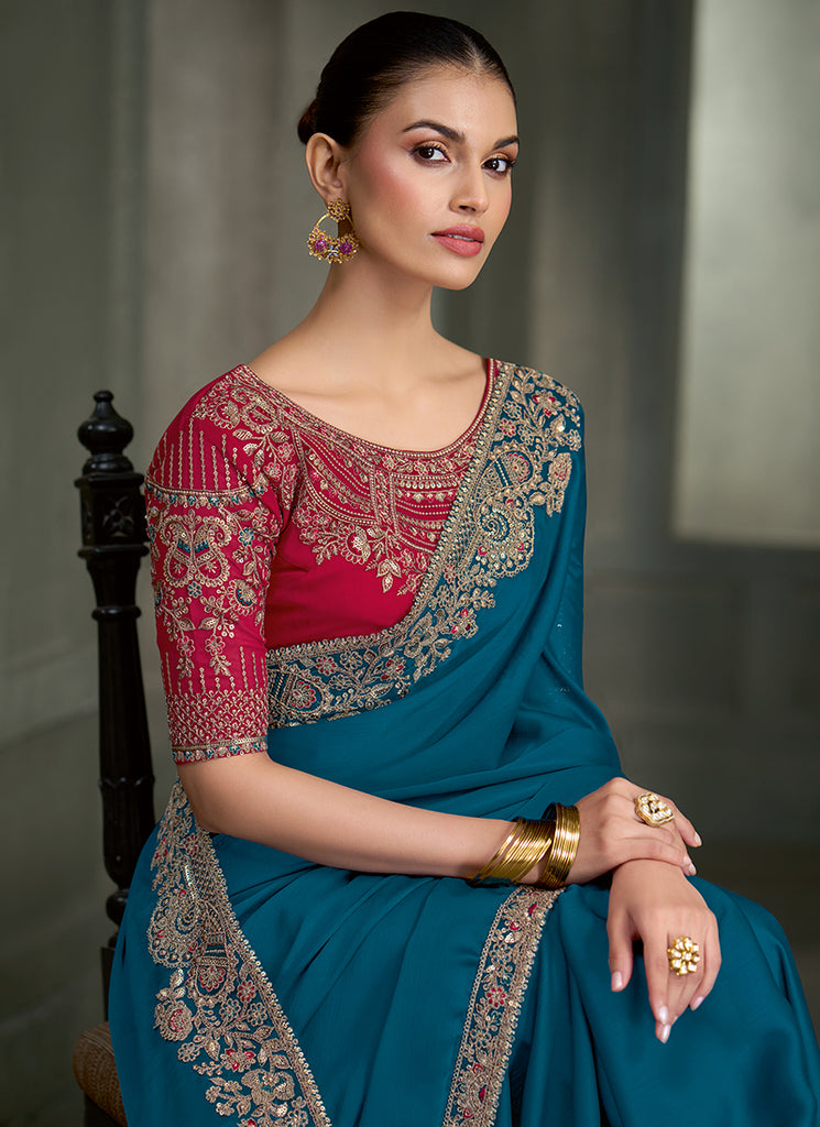 Shop Turquoise and Magenta Designer Saree In America
