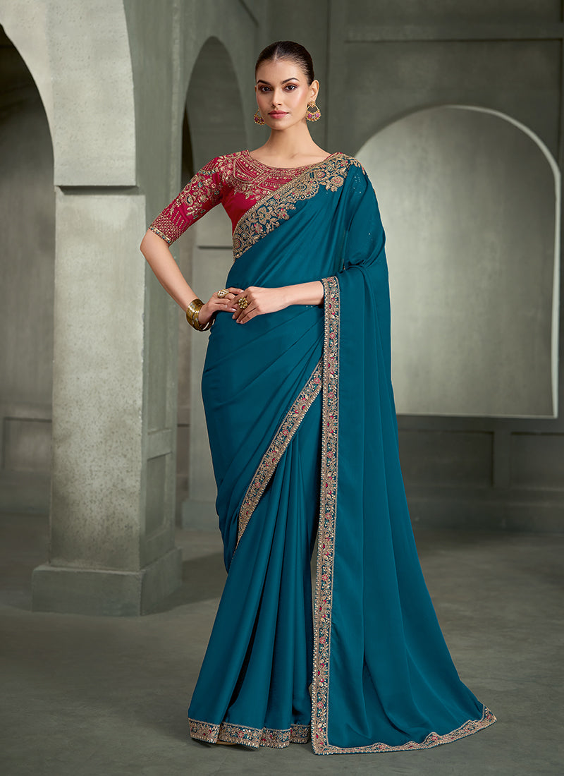 Turquoise and Magenta Traditional Embroidered Wedding Saree