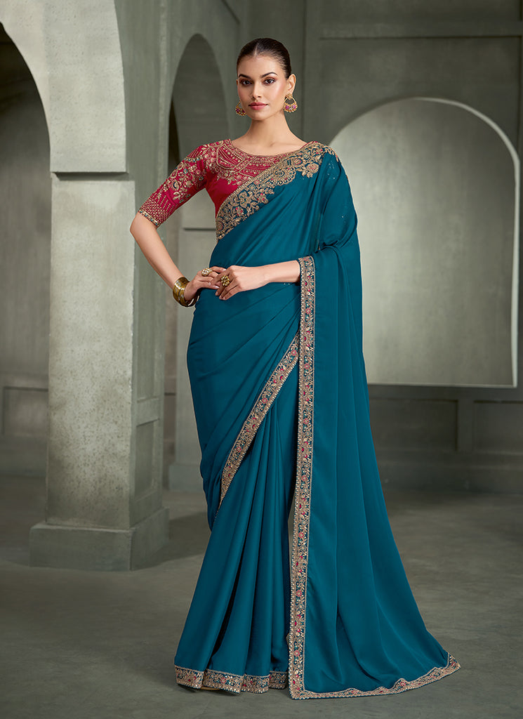Turquoise and Magenta Traditional Embroidered Wedding Saree