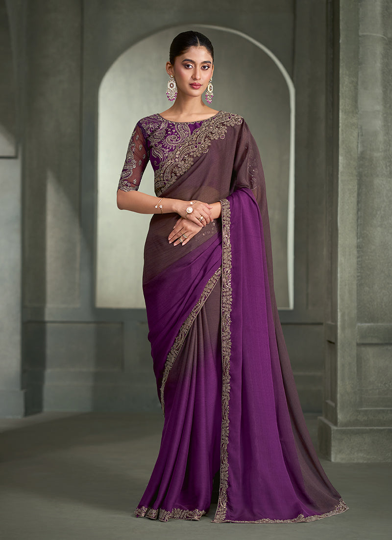 Purple And Brown Traditional Embroidered Wedding Saree