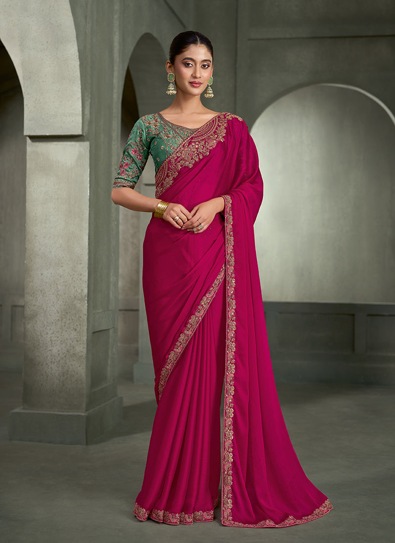 Magenta And Green Traditional Embroidered Wedding Saree