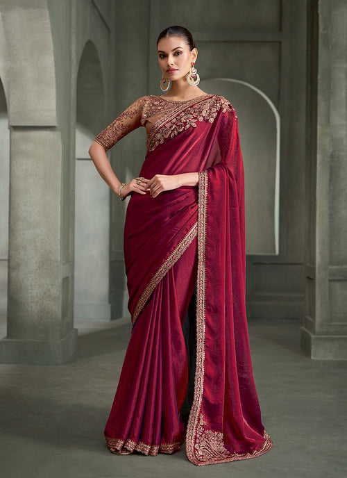 Cherry Red Traditional Embroidered Wedding Saree

