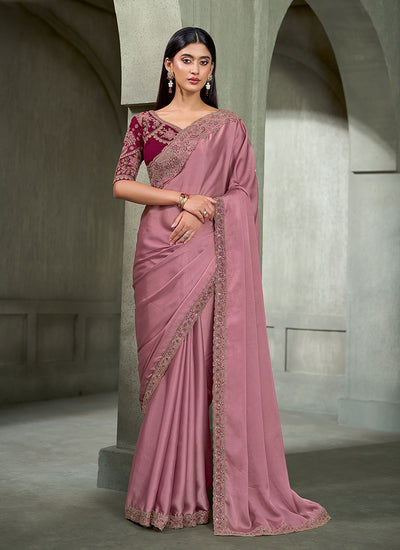 Pink And Maroon Traditional Embroidered Wedding Saree