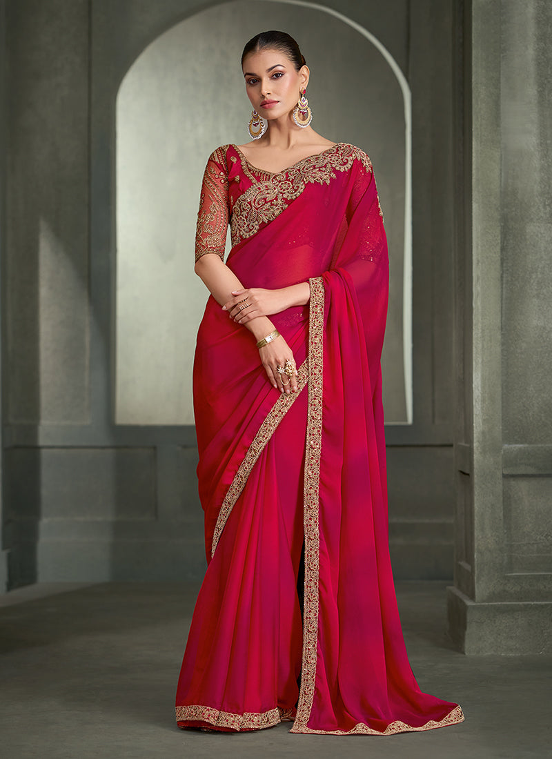 Red Ombré Traditional Embroidered Wedding Saree