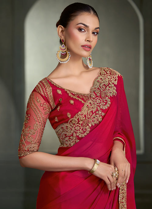 Buy Red Ombré Traditional Sari In UAE