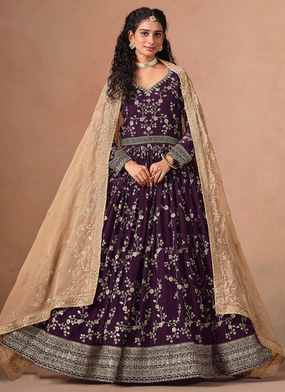 Deep Wine Embroidery Anarkali Suit