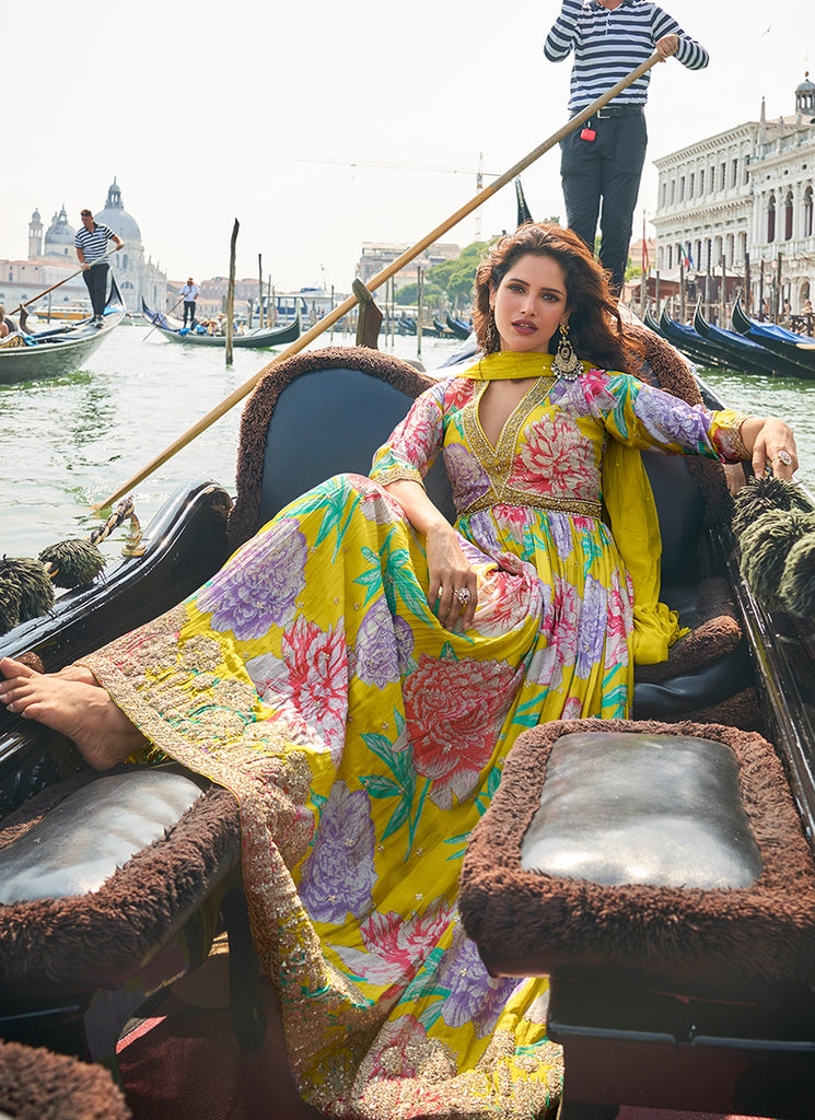 Yellow Embroidered Printed Anarkali Gown