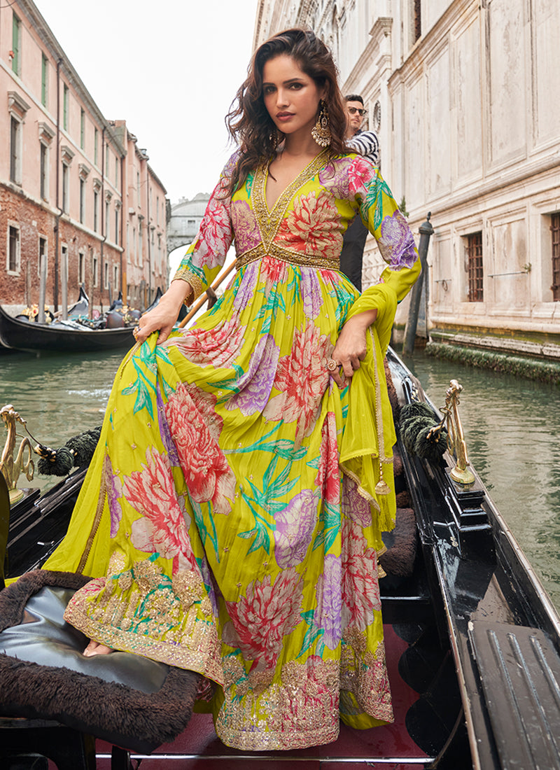 Yellow Embroidered Printed Anarkali Gown