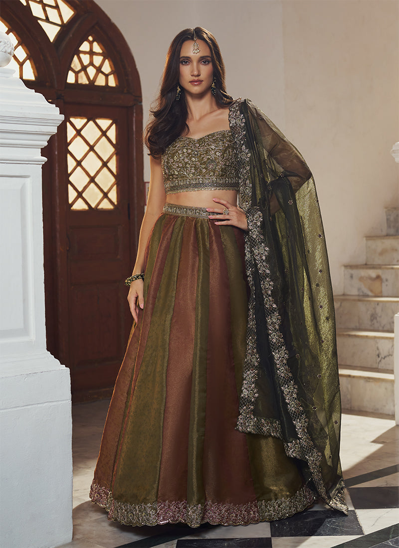 Shop Olive Gold & Antique Rose Lengha Set Online