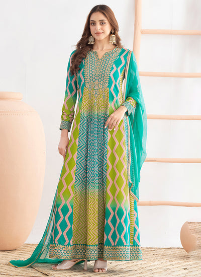 Turquoise Printed Embroidered Anarkali Suit