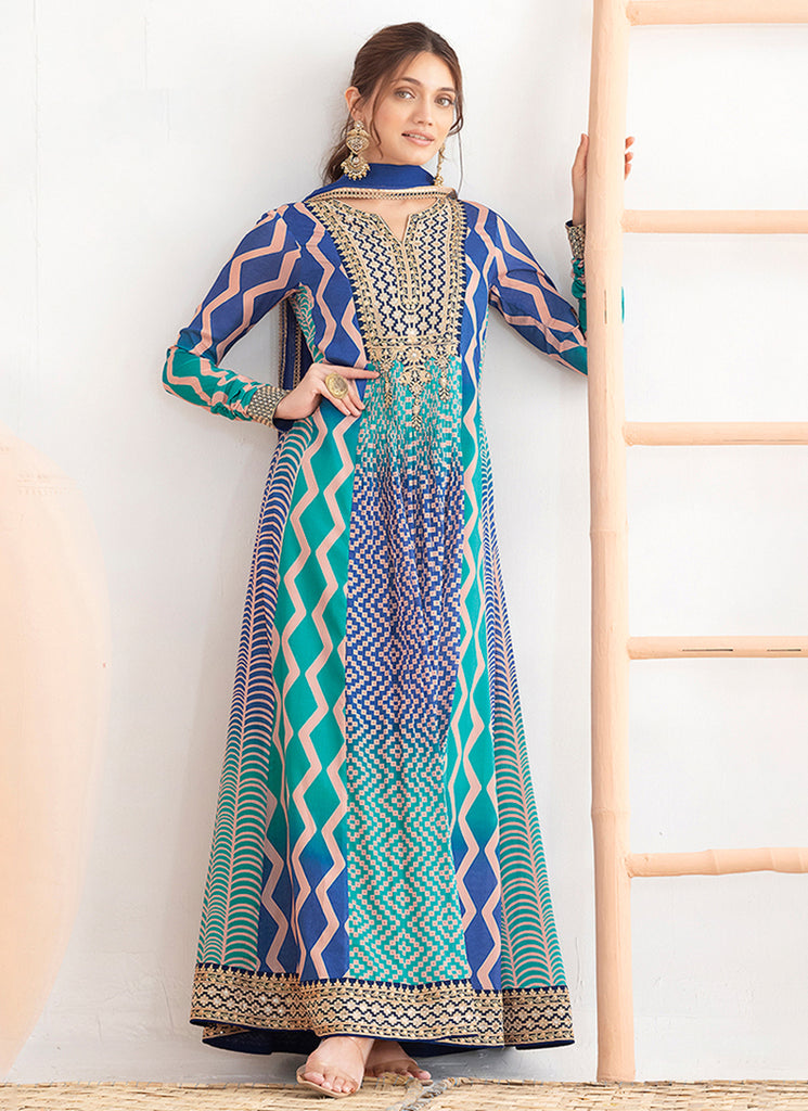 Blue Printed Embroidered Anarkali Suit