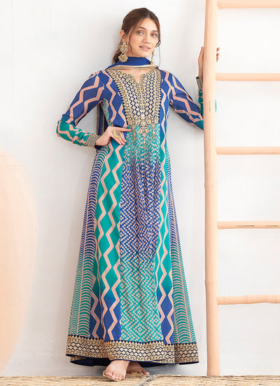 Blue Printed Embroidered Anarkali Suit