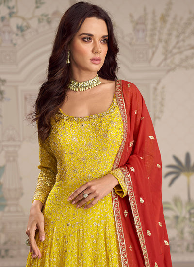 Yellow Ombré Anarkali Suit With Red Dupatta