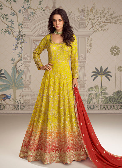 Yellow Ombré Anarkali Suit With Red Dupatta