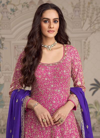 Pink Anarkali Suit With Purple Dupatta