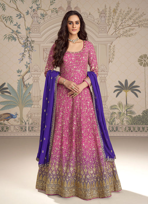 Pink Anarkali Suit With Purple Dupatta