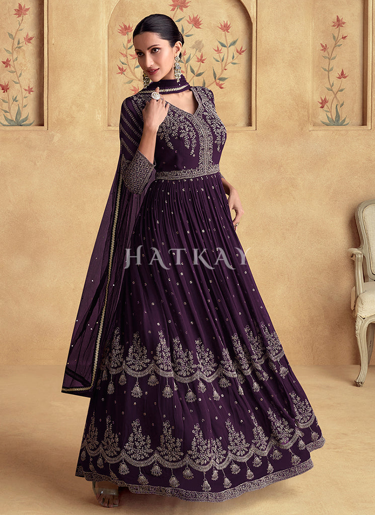Buy Deep Purple Reshamkari Embroidery Wedding Anarkali Dress Online | Hatkay Buy Deep Purple Reshamkari Embroidery Wedding Anarkali Dress Online | Hatkay