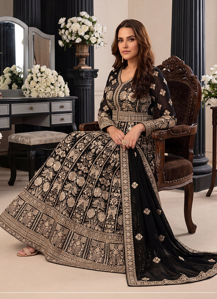 Black Embroidered Georgette Anarkali Suit Unstitched