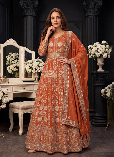 Orange Embroidered Georgette Anarkali Suit