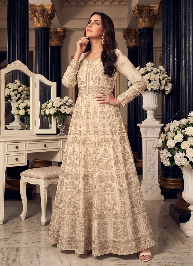 Cream Embroidered Georgette Anarkali Suit Plus-Size