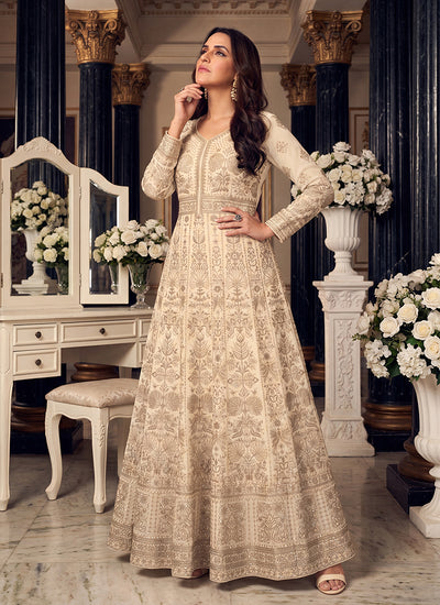 Cream Embroidered Georgette Anarkali Suit
