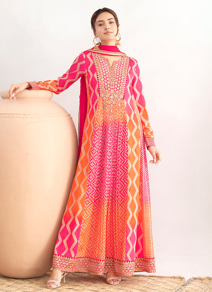 Magenta Printed Embroidered Anarkali Suit