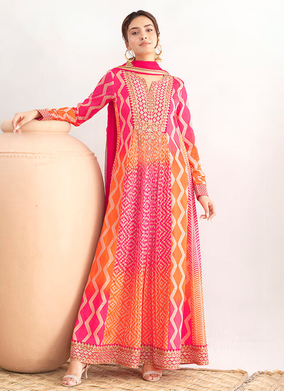 Magenta Printed Embroidered Anarkali Suit