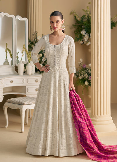 Off White Chikankari Embroidered Georgette Anarkali Suit