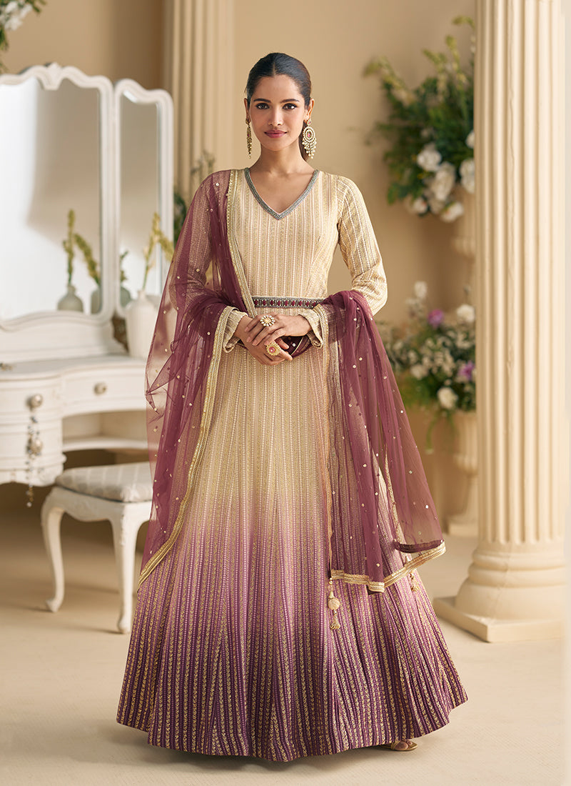 Cream Wine Ombré Chikankari Embroidered Georgette Anarkali Suit