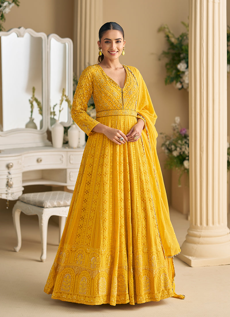 Golden Yellow Chikankari Embroidered Georgette Anarkali Suit