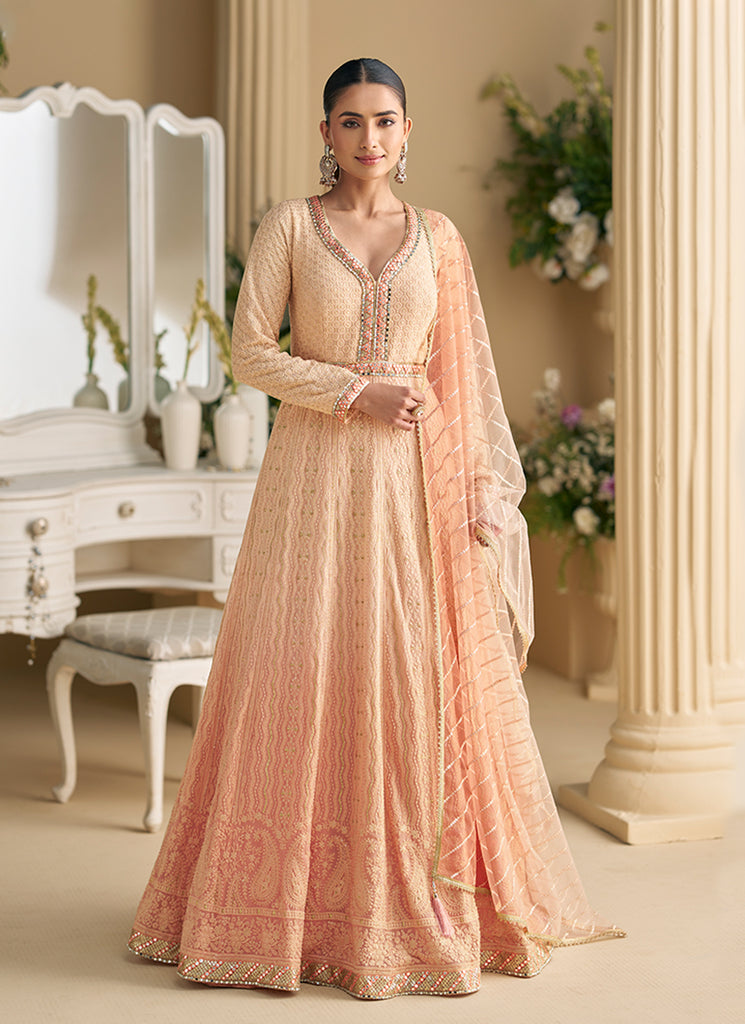 Peach Ombré Chikankari Embroidered Georgette Anarkali Suit