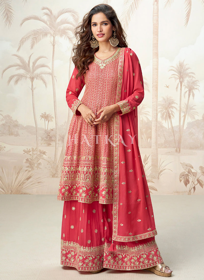 Coral Peach Sequence Embroidery Anarkali Gharara Suit