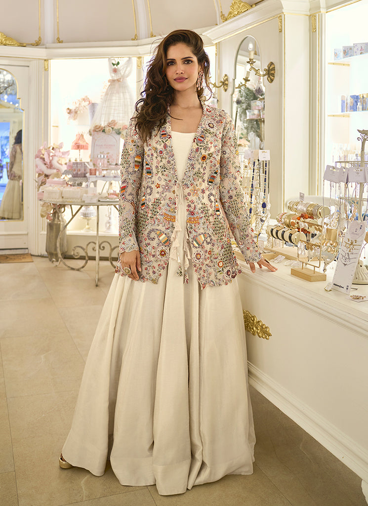 Off White Embroidered Anarkali Gown with Jacket Custom Off White Embroidered Anarkali Gown with Jacket Custom