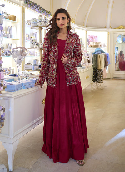 Cherry Red Embroidered Anarkali Gown with Jacket