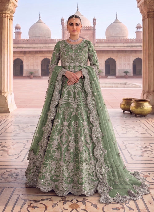 Green Embroidery Net Anarkali Gown