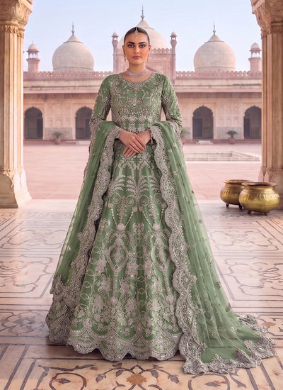 Green Embroidery Net Anarkali Gown