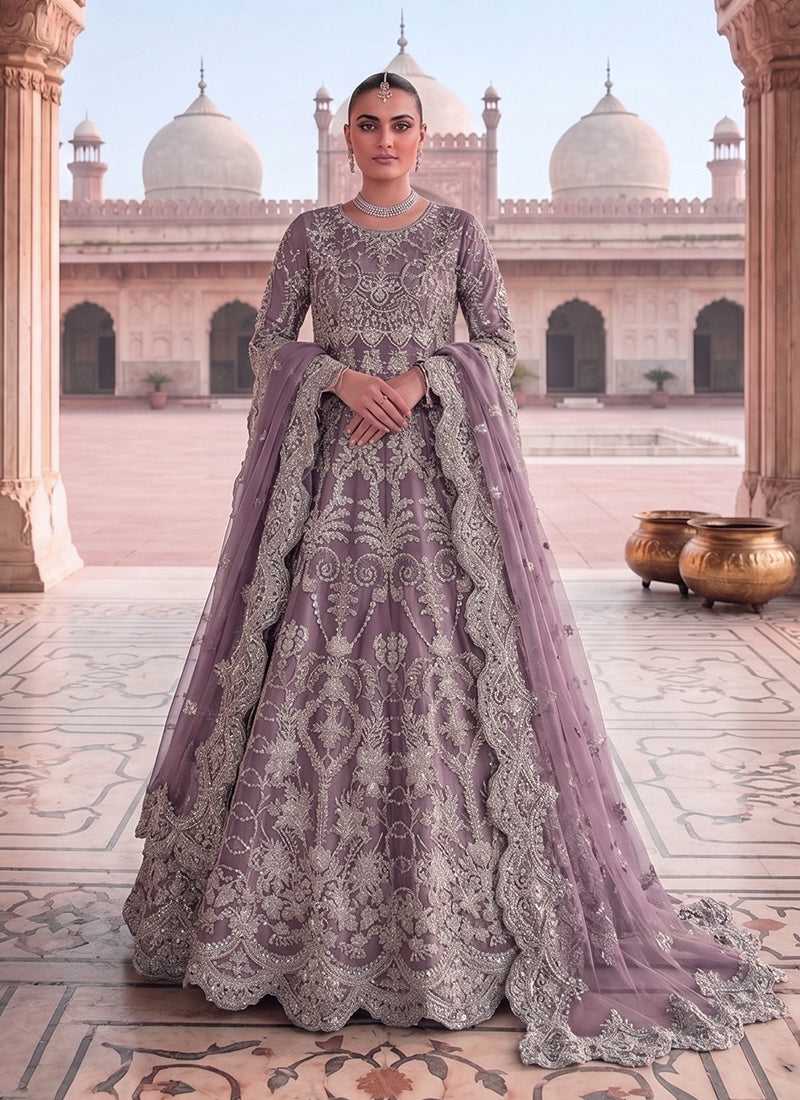 Lavender Embroidery Net Anarkali Gown