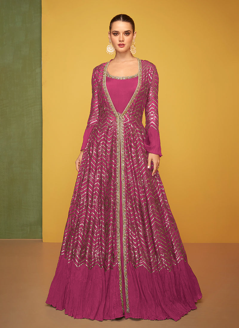 Magenta Pink Embroidery Jacket Style Anarkali Gown