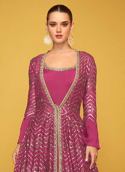 Magenta Pink Embroidery Jacket Style Anarkali Gown