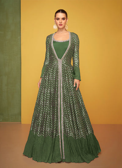 Bottle Green Embroidery Jacket Style Anarkali Gown