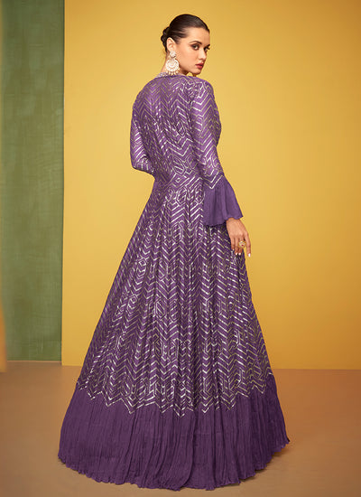 Royal Purple Embroidery Jacket Style Anarkali Gown