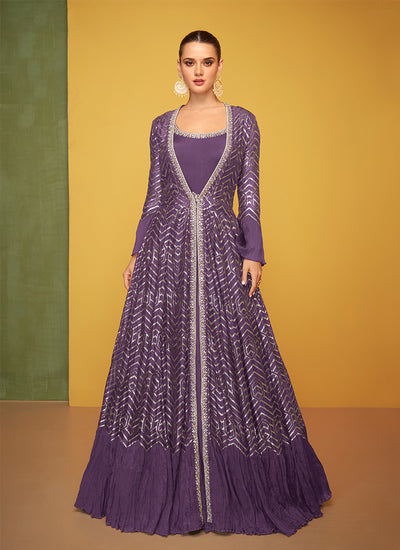 Royal Purple Embroidery Jacket Style Anarkali Gown