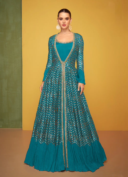 Teal Blue Embroidery Jacket Style Anarkali Gown