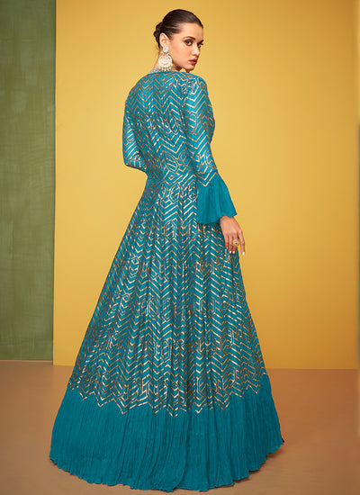 Teal Blue Embroidery Jacket Style Anarkali Gown