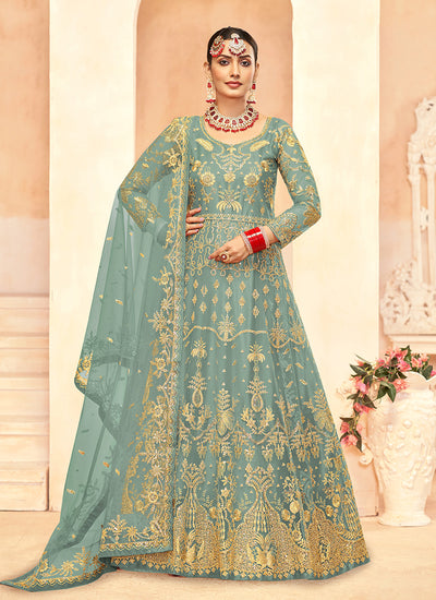 Sea Green Embroidered Net Anarkali Gown