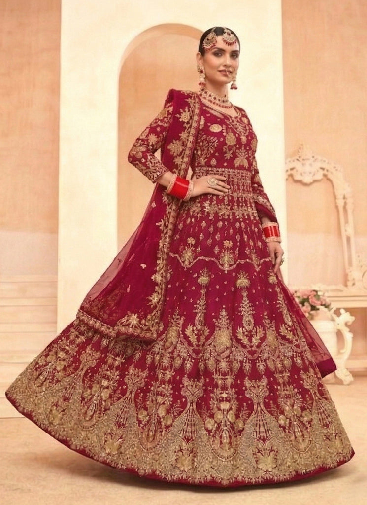 Deep Red Embroidered Net Anarkali Gown
