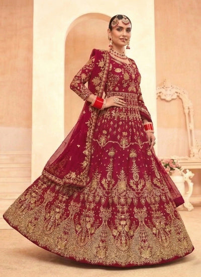 Deep Red Embroidered Net Anarkali Gown