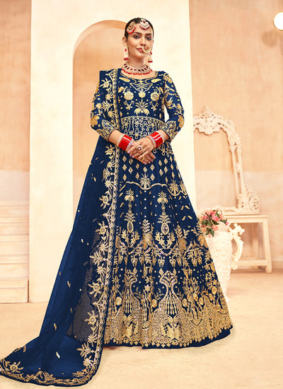 Dark Blue Embroidered Net Anarkali Gown