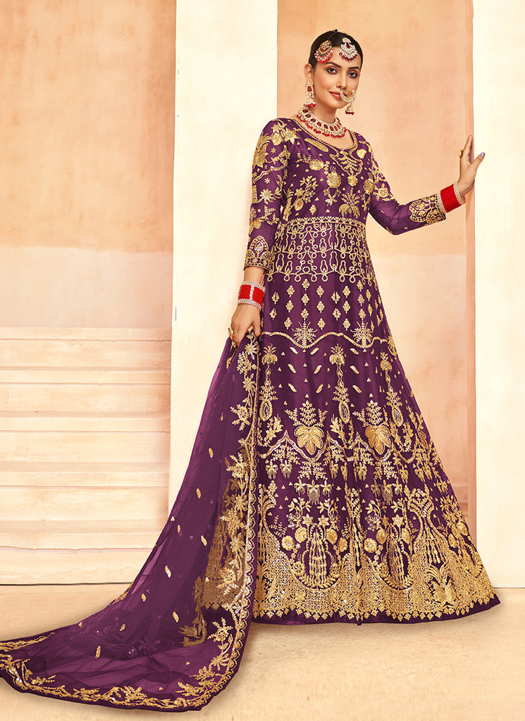 Purple Embroidered Net Anarkali Gown