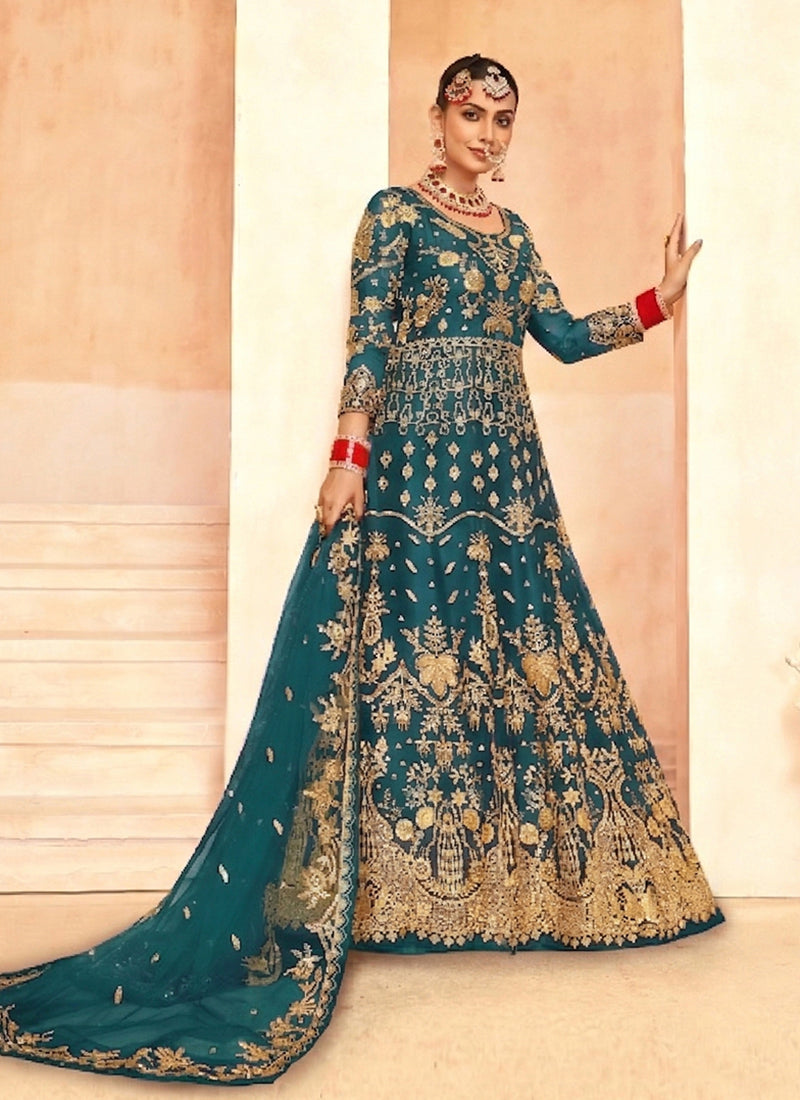 Turquoise Embroidered Net Anarkali Gown
